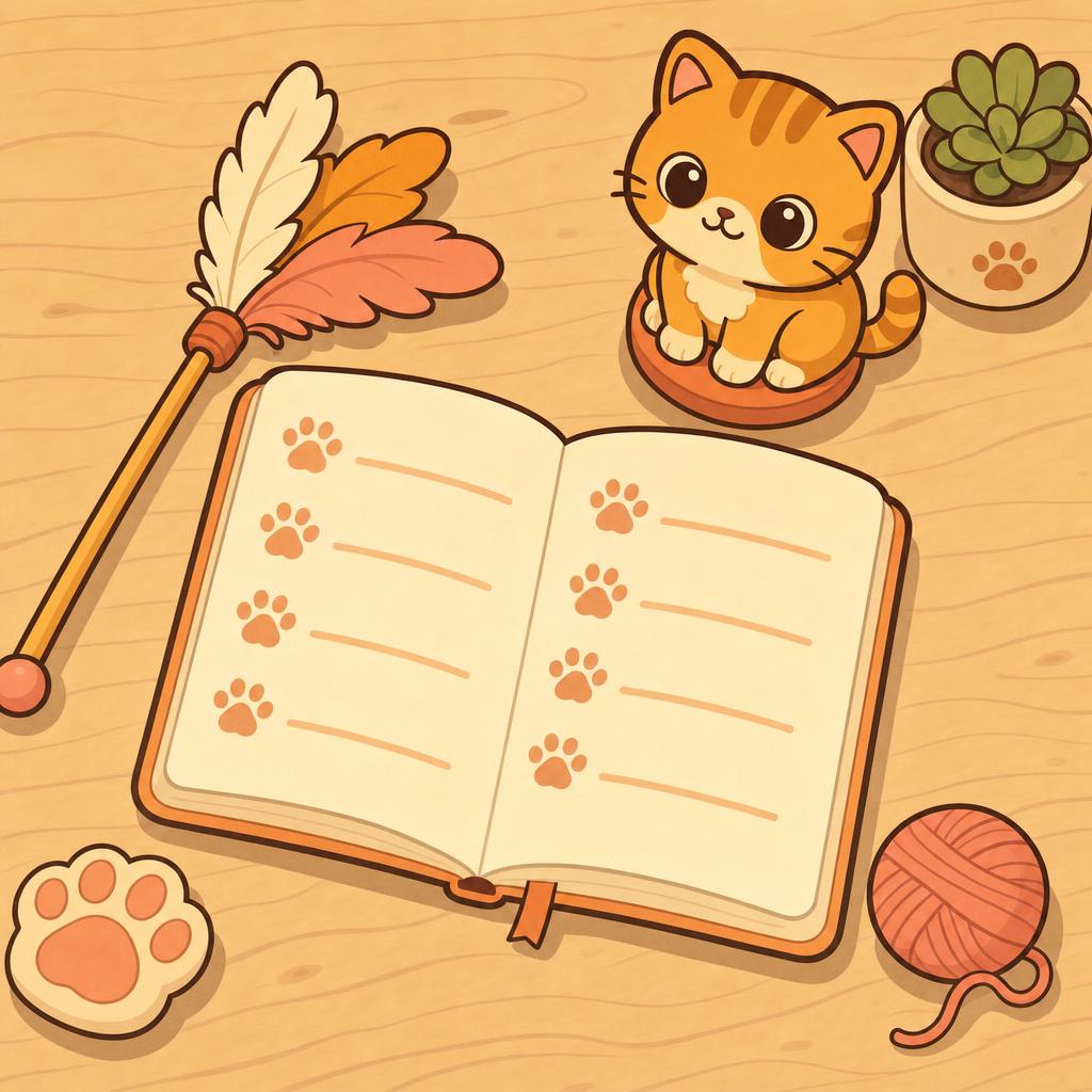 Ein Notizbuch mit einer handschriftlichen Vor- und Nachteile-Liste liegt neben Katzenspielzeug auf einem Tisch