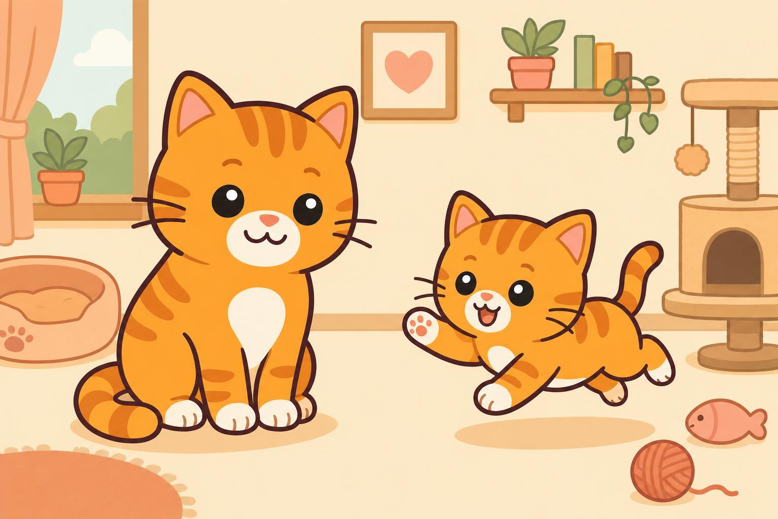 Auf der einen Seite eine ruhige erwachsene Tierheimkatze, auf der anderen ein verspieltes Kätzchen – Symbolbild für die Entscheidung zwischen Adoption und Kauf