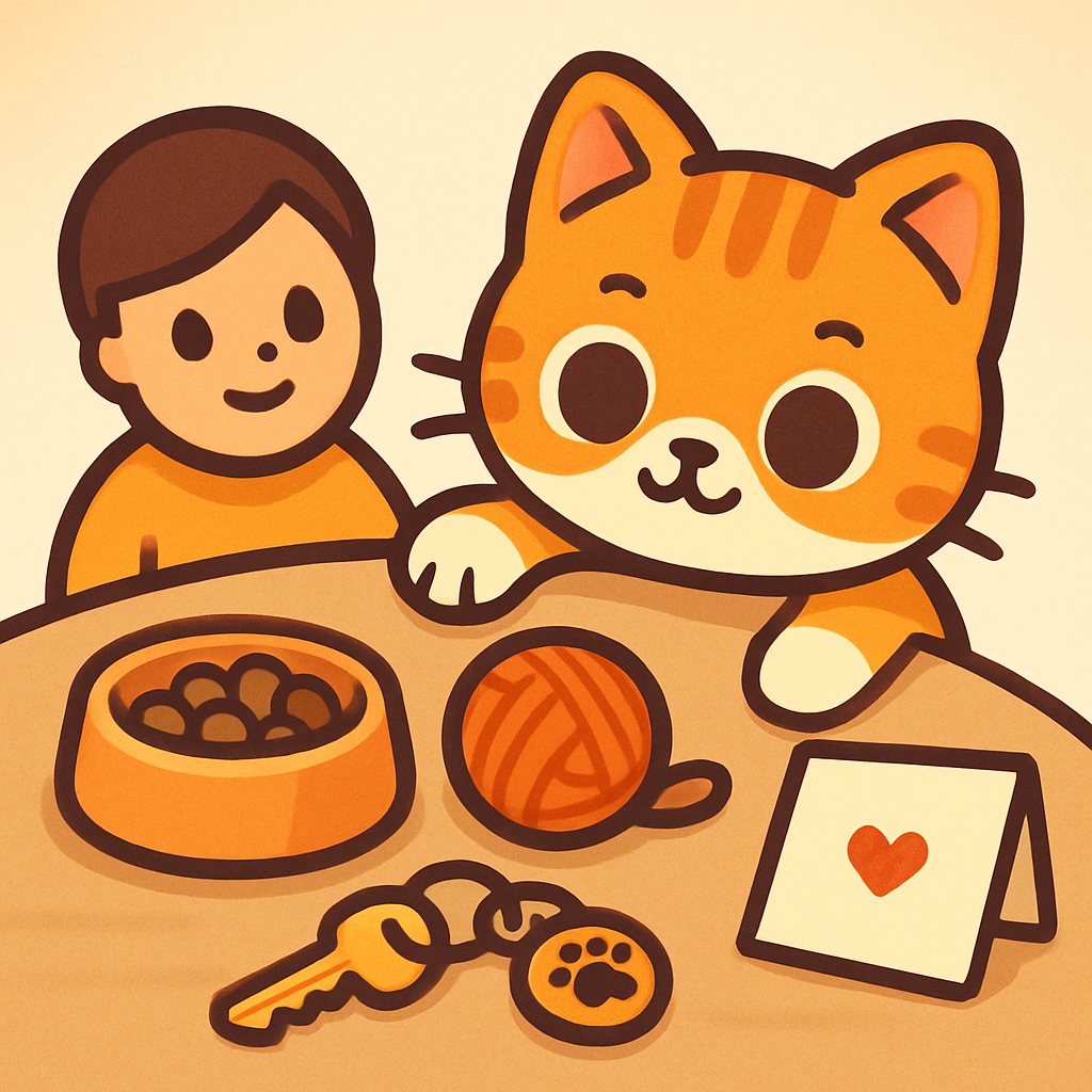 Auf einem Tisch liegen ein Futternapf, ein Wollknäuel, ein Wohnungsschlüssel mit Pfoten-Anhänger und ein Notizzettel bereit, eine Katze greift neugierig nach der Wolle – Symbolbild für die Checkliste zur Katzensitter-Vorbereitung