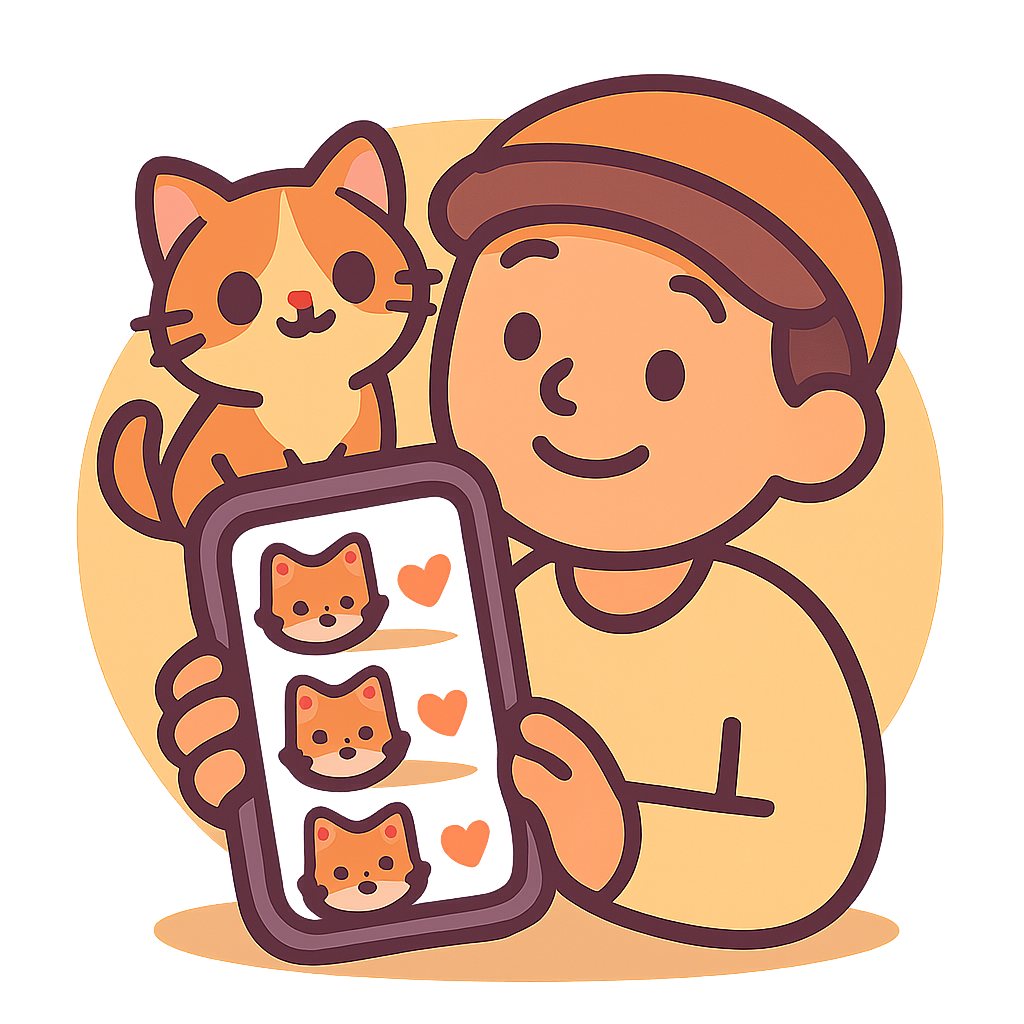 Eine Person hält ein Smartphone mit drei Katzenprofil-Karten und Herzen, eine Katze sitzt auf ihrer Schulter – Symbolbild für die digitale Vermittlung von Tierheim-Katzen